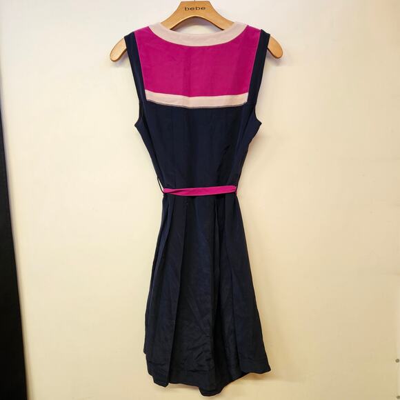 Tory Burch Angie Magenta Normandy Blue Lichee Silk Dress Size 8 Colorblock READ - Picture 3 of 12